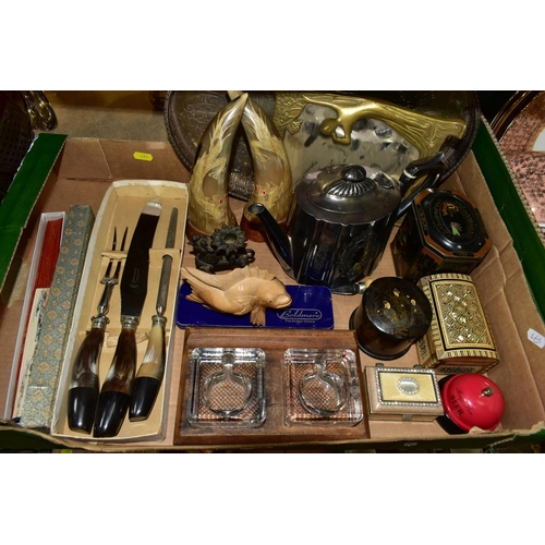 414 - ONE BOX OF METALWARE AND ASSORTED SUNDRIES, to include a pair of pressed glass ink wells on a wooden... 