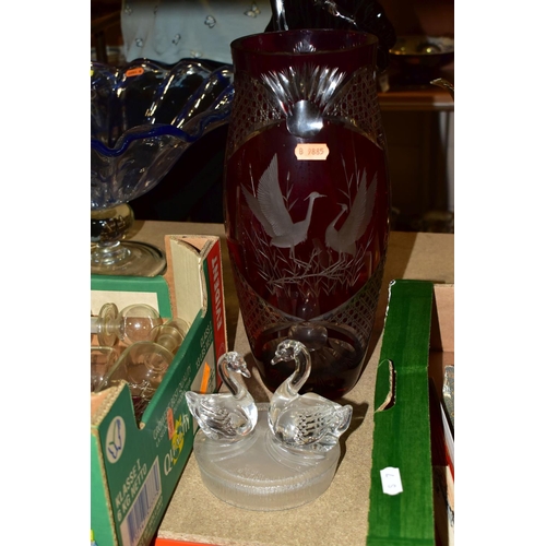 415 - TWO BOXES OF CUT CRYSTAL AND GLASSWARES, to include a Royal Crystal Rock Swan and Cygnet, a crystal ... 