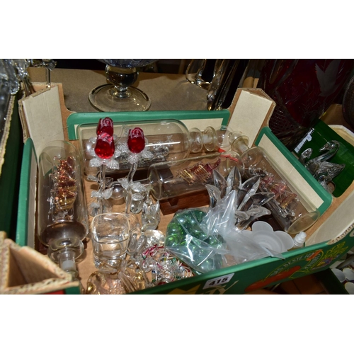 415 - TWO BOXES OF CUT CRYSTAL AND GLASSWARES, to include a Royal Crystal Rock Swan and Cygnet, a crystal ... 