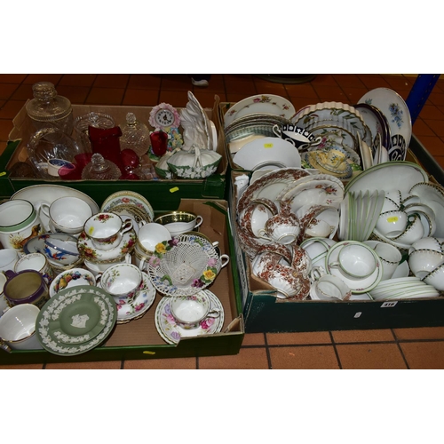 416 - FOUR BOXES OF ASSORTED CERAMICS AND COLOURED GLASS, to include a Wedgwood green Jasperware pedestal ... 