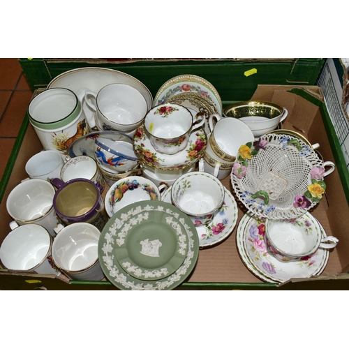 416 - FOUR BOXES OF ASSORTED CERAMICS AND COLOURED GLASS, to include a Wedgwood green Jasperware pedestal ... 