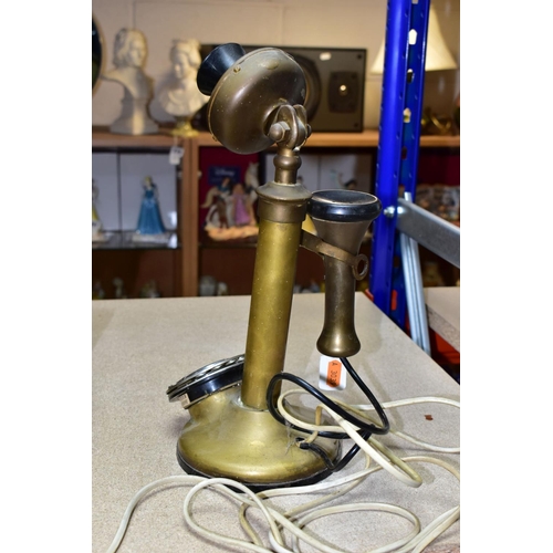 418 - A BRASS VINTAGE STYLE CANDLESTICK TELEPHONE, plug in BT phone- BT-QC-BS 222 , 84/1 on base, (not tes... 