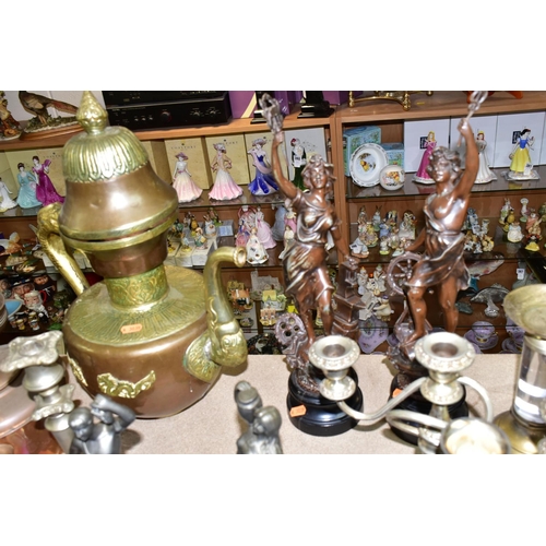 419 - A QUANTITY OF METALWARES, CLOCKS AND CANDELABRA, comprising a brass oil lamp with foliate design bra... 