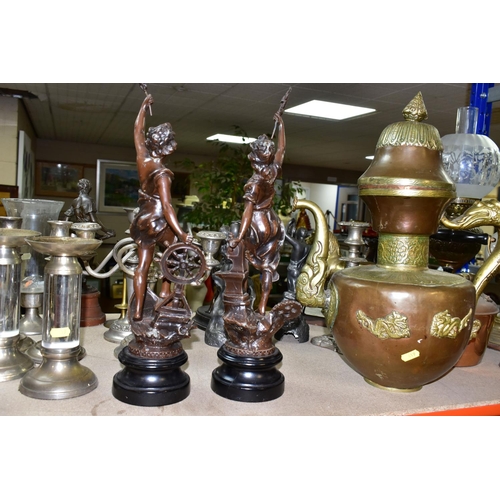 419 - A QUANTITY OF METALWARES, CLOCKS AND CANDELABRA, comprising a brass oil lamp with foliate design bra... 