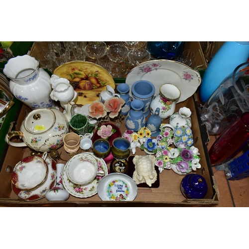 424 - SIX BOXES OF CERAMICS AND GLASSWARE, to include four pieces of Wedgwood blue Jasperware, a Wade crea... 