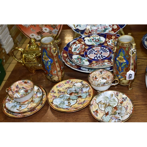 426 - A QUANTITY OF ORIENTAL CERAMICS, comprising two hand painted apricot and gold Noritake trios decorat... 