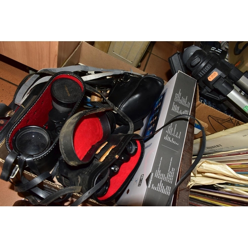 427 - FOUR BOXES OF DIGITAL CAMERAS, C.DS, L.PS, AND 45 RECORDS, to include over one hundred classical C.D... 