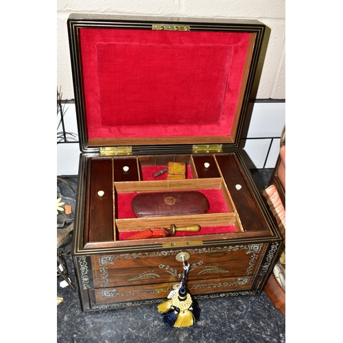 431 - A MID- VICTORIAN WRITING ROSEWOOD WRITING BOX, INLAID WITH MOTHER OF PEARL  DECORATED IN  SCROLL AND... 