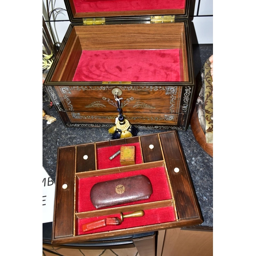 431 - A MID- VICTORIAN WRITING ROSEWOOD WRITING BOX, INLAID WITH MOTHER OF PEARL  DECORATED IN  SCROLL AND... 