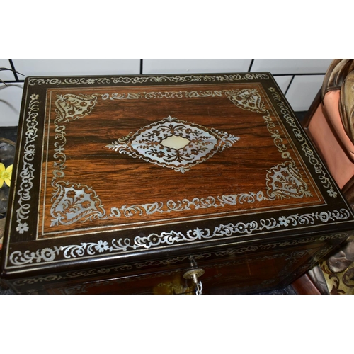 431 - A MID- VICTORIAN WRITING ROSEWOOD WRITING BOX, INLAID WITH MOTHER OF PEARL  DECORATED IN  SCROLL AND... 