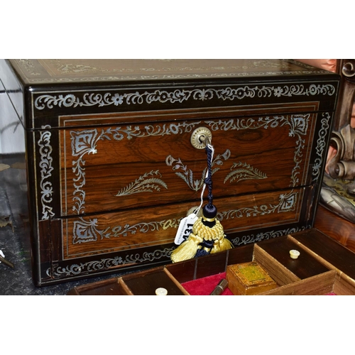 431 - A MID- VICTORIAN WRITING ROSEWOOD WRITING BOX, INLAID WITH MOTHER OF PEARL  DECORATED IN  SCROLL AND... 