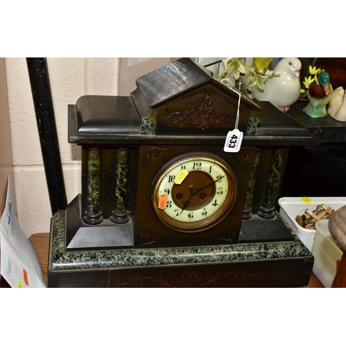 433 - A VICTORIAN BLACK SLATE AND MARBLE MANTEL CLOCK, with pendulum and five keys, brass framed face,  gr... 