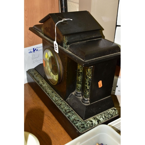 433 - A VICTORIAN BLACK SLATE AND MARBLE MANTEL CLOCK, with pendulum and five keys, brass framed face,  gr... 