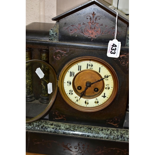 433 - A VICTORIAN BLACK SLATE AND MARBLE MANTEL CLOCK, with pendulum and five keys, brass framed face,  gr... 