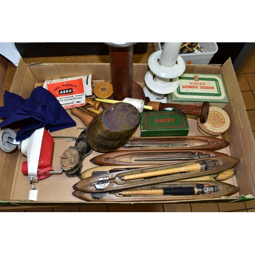 434 - A BOX OF LACE MAKING BOBBINS, EARLY WOODEN MILL SPINDLES AND SEWING SUNDRIES, comprising over one hu... 