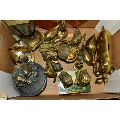 442 - ONE BOX OF BRASS AND COPPERWARE, to include two copper planters, a brass and marble based jardiniere... 