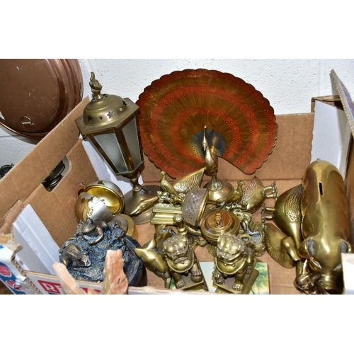 442 - ONE BOX OF BRASS AND COPPERWARE, to include two copper planters, a brass and marble based jardiniere... 