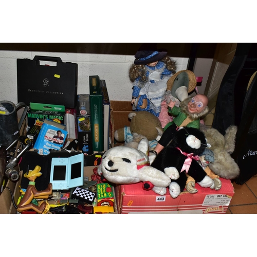 443 - THREE BOXES OF CHILDREN'S  SOFT TOYS AND BOARD GAMES, to include a  Nintendo DS Lite in a black case... 