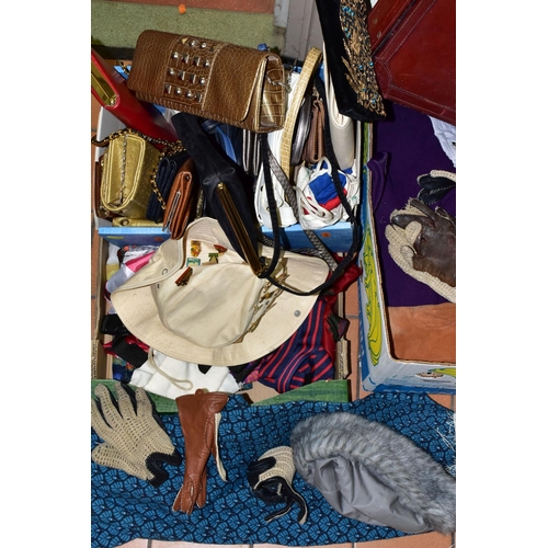 446 - THREE BOXES OF LADIES HANDBAGS, SCARVES AND GLOVES, to include an Ayers Rock Tilley style hat with n... 