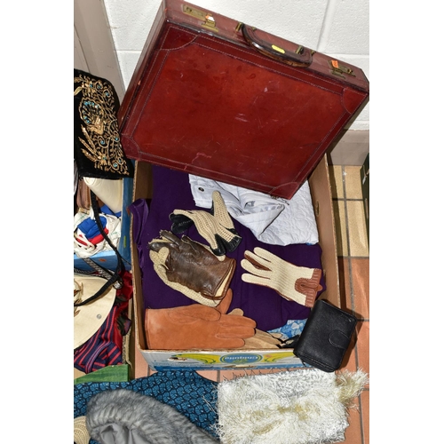 446 - THREE BOXES OF LADIES HANDBAGS, SCARVES AND GLOVES, to include an Ayers Rock Tilley style hat with n... 