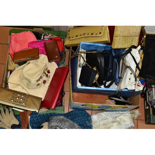 446 - THREE BOXES OF LADIES HANDBAGS, SCARVES AND GLOVES, to include an Ayers Rock Tilley style hat with n... 