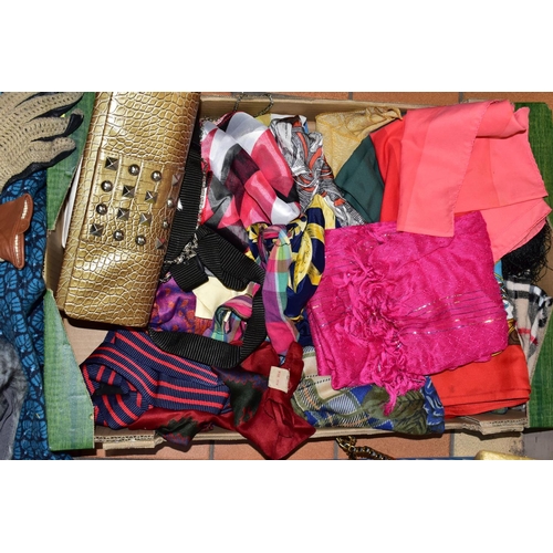 446 - THREE BOXES OF LADIES HANDBAGS, SCARVES AND GLOVES, to include an Ayers Rock Tilley style hat with n... 