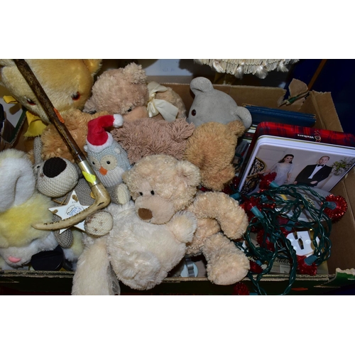 447 - TWO BOXES OF ELECTRICAL ITEMS AND SOFT TOYS, to include a collection of St. Giles Hospice bears, Chr... 