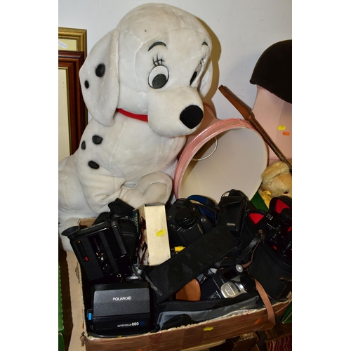 447 - TWO BOXES OF ELECTRICAL ITEMS AND SOFT TOYS, to include a collection of St. Giles Hospice bears, Chr... 