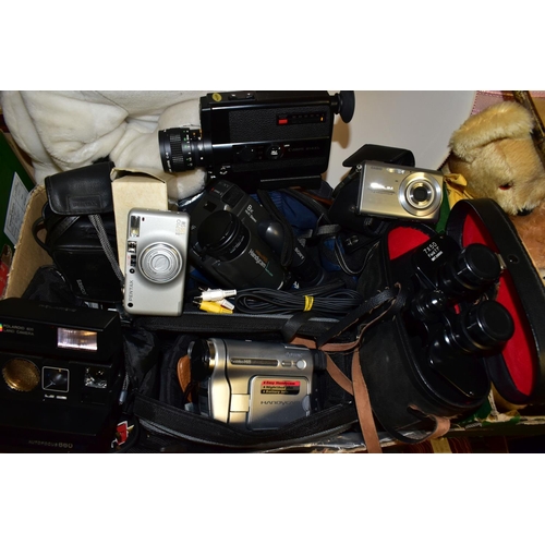 447 - TWO BOXES OF ELECTRICAL ITEMS AND SOFT TOYS, to include a collection of St. Giles Hospice bears, Chr... 