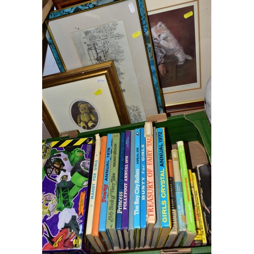 448 - TWO BOXES OF BOOKS AND HOUSEHOLD SUNDRIES, to include four framed prints, 1970s children's annuals, ... 