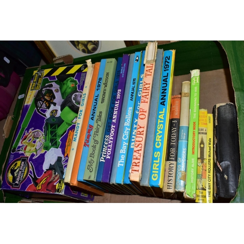 448 - TWO BOXES OF BOOKS AND HOUSEHOLD SUNDRIES, to include four framed prints, 1970s children's annuals, ... 