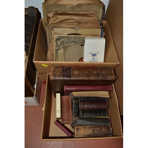 449 - FIVE BOXES OF BOOKS, VIDEOS, C.DS AND DVDS,  to include a  19th Century large Imperial Family Bible,... 