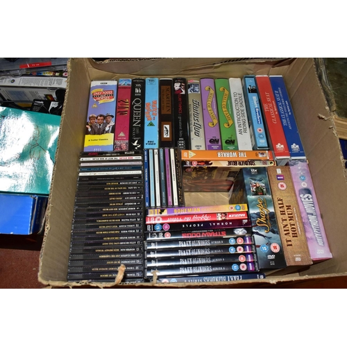 449 - FIVE BOXES OF BOOKS, VIDEOS, C.DS AND DVDS,  to include a  19th Century large Imperial Family Bible,... 