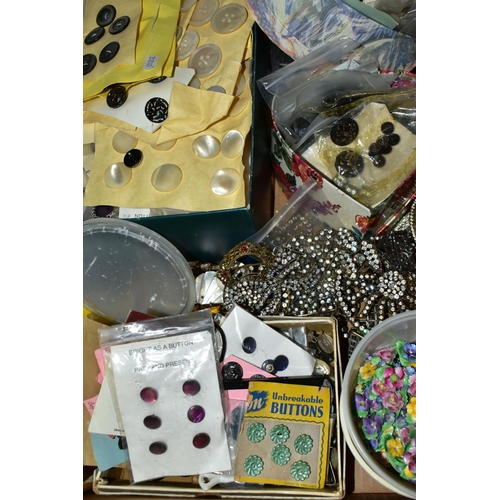 450 - ONE BOX OF HABERDASHERY to include assorted vintage diamanté buckles, dress ornaments and costume je... 