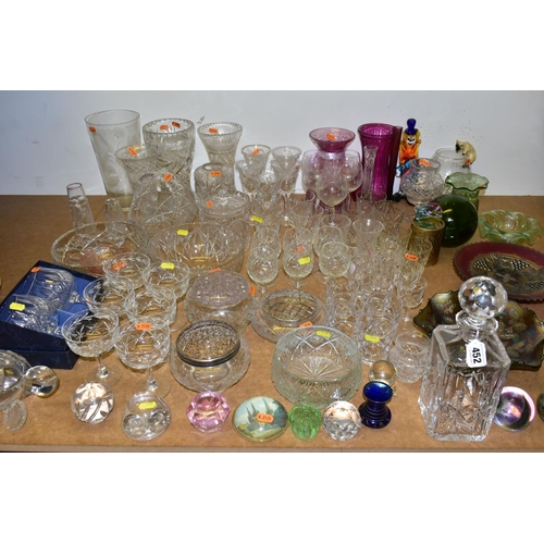 452 - A QUANTITY OF COLOURED GLASS AND CUT CRYSTAL,  comprising a pair of Stuart Crystal brandy glasses, s... 