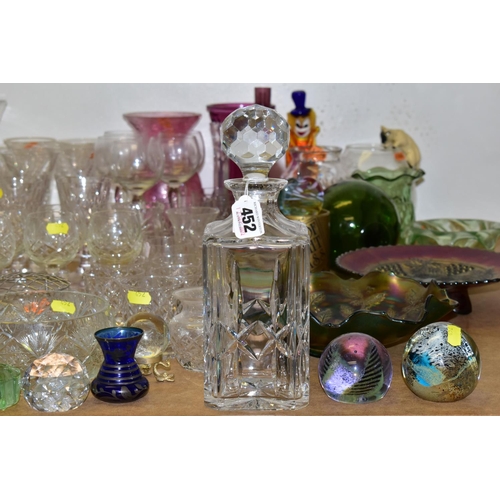 452 - A QUANTITY OF COLOURED GLASS AND CUT CRYSTAL,  comprising a pair of Stuart Crystal brandy glasses, s... 