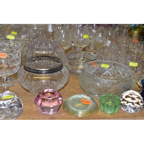 452 - A QUANTITY OF COLOURED GLASS AND CUT CRYSTAL,  comprising a pair of Stuart Crystal brandy glasses, s... 