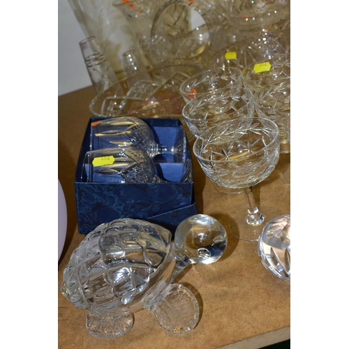 452 - A QUANTITY OF COLOURED GLASS AND CUT CRYSTAL,  comprising a pair of Stuart Crystal brandy glasses, s... 