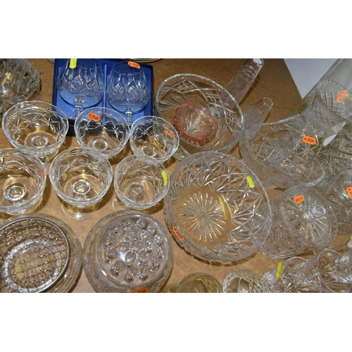 452 - A QUANTITY OF COLOURED GLASS AND CUT CRYSTAL,  comprising a pair of Stuart Crystal brandy glasses, s... 