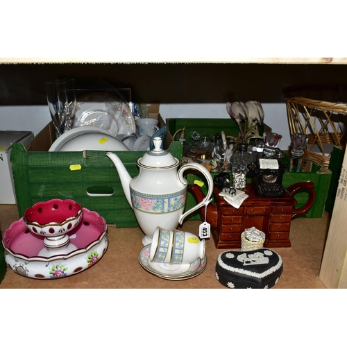 453 - TWO BOXES OF CERAMICS AND ORNAMENTS, to include a Royal Grafton 'Sumatra' pattern coffee pot , two c... 