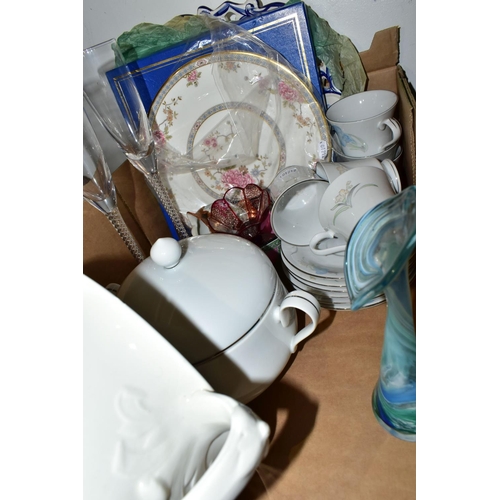 453 - TWO BOXES OF CERAMICS AND ORNAMENTS, to include a Royal Grafton 'Sumatra' pattern coffee pot , two c... 