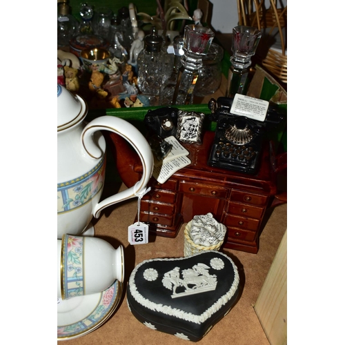 453 - TWO BOXES OF CERAMICS AND ORNAMENTS, to include a Royal Grafton 'Sumatra' pattern coffee pot , two c... 