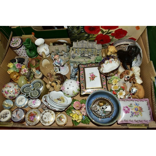 454 - FOUR BOXES OF CERAMICS, GLASSWARE AND ORNAMENTS, to include a set of six clear glass avocado dishes,... 