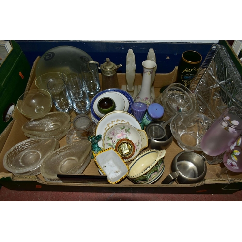 454 - FOUR BOXES OF CERAMICS, GLASSWARE AND ORNAMENTS, to include a set of six clear glass avocado dishes,... 