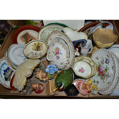 454 - FOUR BOXES OF CERAMICS, GLASSWARE AND ORNAMENTS, to include a set of six clear glass avocado dishes,... 