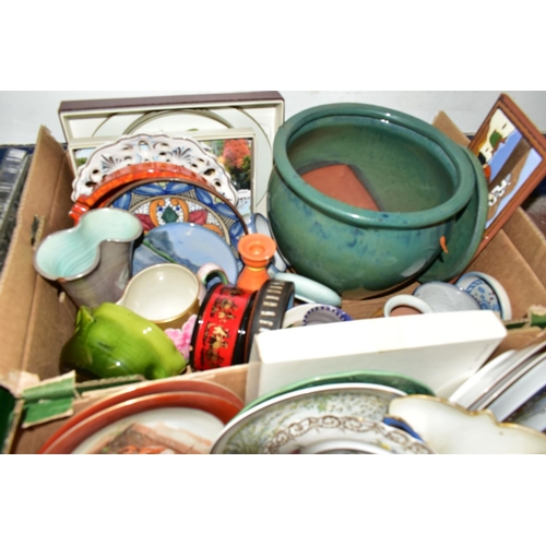 454 - FOUR BOXES OF CERAMICS, GLASSWARE AND ORNAMENTS, to include a set of six clear glass avocado dishes,... 