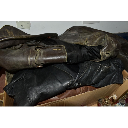 455 - THREE BOXES OF ASSORTED HOUSEHOLD SUNDRIES, to include four distressed vintage leather jackets, fram... 