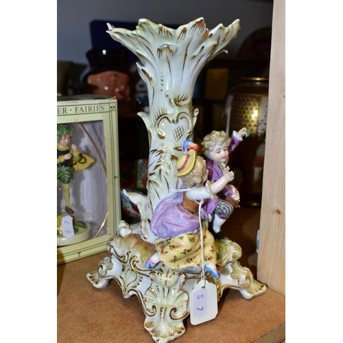 457 - A GROUP OF CERAMICS COMPRISING a Capodimonte figural candle holder, three boxed Flower Fairies, an E... 