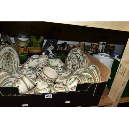 458 - FOUR BOXES OF CERAMICS AND DINNER WARE, to include a Crown Ducal 'Indian Tree' pattern part dinner s... 