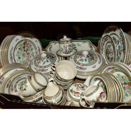 458 - FOUR BOXES OF CERAMICS AND DINNER WARE, to include a Crown Ducal 'Indian Tree' pattern part dinner s... 